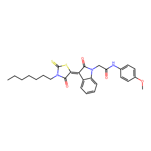 2-[(3Z)-3-(3-heptyl-4-oxo-2-thioxo-1,3-thiazolidin-5-ylidene)-2-oxo-2,3-dihydro-1H-indol-1-yl]-N-(4-methoxyphenyl)acetamide structure