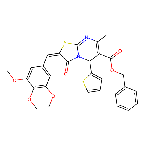 Benzyl 7-methyl-3-oxo-5-(thiophen-2-yl)-2-(3,4,5-trimethoxybenzylidene)-3,5-dihydro-2H-thiazolo[3,2-a]pyrimidine-6-carboxylate structure