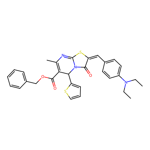 Benzyl 2-(4-(diethylamino)benzylidene)-7-methyl-3-oxo-5-(thiophen-2-yl)-3,5-dihydro-2H-thiazolo[3,2-a]pyrimidine-6-carboxylate structure