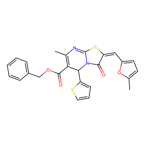 Benzyl 7-methyl-2-((5-methylfuran-2-yl)methylene)-3-oxo-5-(thiophen-2-yl)-3,5-dihydro-2H-thiazolo[3,2-a]pyrimidine-6-carboxylate structure