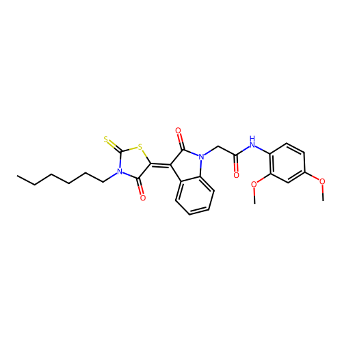 N-(2,4-dimethoxyphenyl)-2-[(3Z)-3-(3-hexyl-4-oxo-2-thioxo-1,3-thiazolidin-5-ylidene)-2-oxo-2,3-dihydro-1H-indol-1-yl]acetamide structure