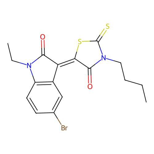 (3Z)-5-bromo-3-(3-butyl-4-oxo-2-thioxo-1,3-thiazolidin-5-ylidene)-1-ethyl-1,3-dihydro-2H-indol-2-one structure