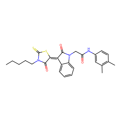 N-(3,4-dimethylphenyl)-2-[(3Z)-2-oxo-3-(4-oxo-3-pentyl-2-thioxo-1,3-thiazolidin-5-ylidene)-2,3-dihydro-1H-indol-1-yl]acetamide structure