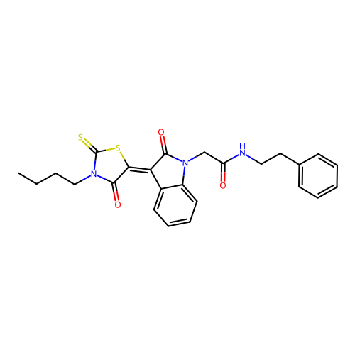 2-[(3Z)-3-(3-butyl-4-oxo-2-thioxo-1,3-thiazolidin-5-ylidene)-2-oxo-2,3-dihydro-1H-indol-1-yl]-N-(2-phenylethyl)acetamide structure