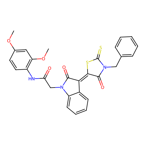 2-[(3Z)-3-(3-benzyl-4-oxo-2-thioxo-1,3-thiazolidin-5-ylidene)-2-oxo-2,3-dihydro-1H-indol-1-yl]-N-(2,4-dimethoxyphenyl)acetamide structure