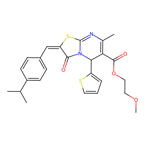 2-Methoxyethyl 2-(4-isopropylbenzylidene)-7-methyl-3-oxo-5-(thiophen-2-yl)-3,5-dihydro-2H-thiazolo[3,2-a]pyrimidine-6-carboxylate structure