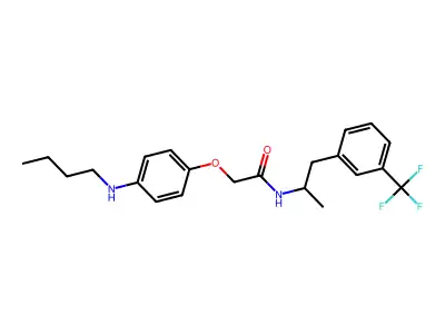 N-(alpha-Methyl-m-trifluoromethylphenethyl)-p-butylaminophenoxy-acetamide structure