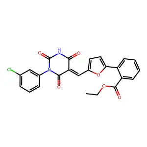 ethyl 2-[5-[[1-(3-chlorophenyl)-2,4,6-trioxo-1,3-diazinan-5-ylidene]methyl]furan-2-yl]benzoate structure