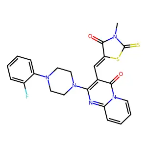 2-[4-(2-fluorophenyl)piperazin-1-yl]-3-[(Z)-(3-methyl-4-oxo-2-thioxo-1,3-thiazolidin-5-ylidene)methyl]-4H-pyrido[1,2-a]pyrimidin-4-one structure