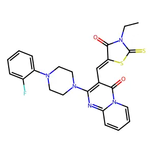 3-[(Z)-(3-ethyl-4-oxo-2-thioxo-1,3-thiazolidin-5-ylidene)methyl]-2-[4-(2-fluorophenyl)piperazin-1-yl]-4H-pyrido[1,2-a]pyrimidin-4-one structure