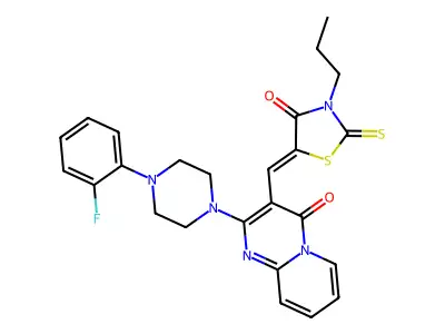 2-[4-(2-fluorophenyl)piperazin-1-yl]-3-[(Z)-(4-oxo-3-propyl-2-thioxo-1,3-thiazolidin-5-ylidene)methyl]-4H-pyrido[1,2-a]pyrimidin-4-one structure