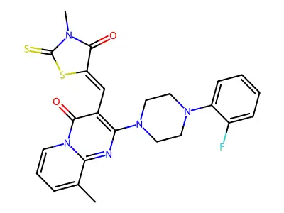 2-[4-(2-fluorophenyl)piperazin-1-yl]-9-methyl-3-[(Z)-(3-methyl-4-oxo-2-thioxo-1,3-thiazolidin-5-ylidene)methyl]-4H-pyrido[1,2-a]pyrimidin-4-one structure
