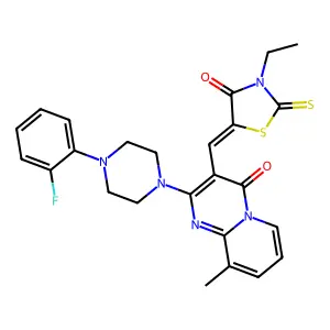 3-[(Z)-(3-ethyl-4-oxo-2-thioxo-1,3-thiazolidin-5-ylidene)methyl]-2-[4-(2-fluorophenyl)piperazin-1-yl]-9-methyl-4H-pyrido[1,2-a]pyrimidin-4-one structure