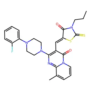 2-[4-(2-fluorophenyl)piperazin-1-yl]-9-methyl-3-[(Z)-(4-oxo-3-propyl-2-thioxo-1,3-thiazolidin-5-ylidene)methyl]-4H-pyrido[1,2-a]pyrimidin-4-one structure