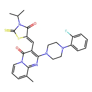 2-[4-(2-fluorophenyl)piperazin-1-yl]-9-methyl-3-{(Z)-[4-oxo-3-(propan-2-yl)-2-thioxo-1,3-thiazolidin-5-ylidene]methyl}-4H-pyrido[1,2-a]pyrimidin-4-one structure