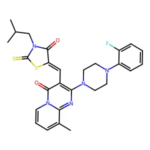 2-[4-(2-fluorophenyl)piperazin-1-yl]-9-methyl-3-{(Z)-[3-(2-methylpropyl)-4-oxo-2-thioxo-1,3-thiazolidin-5-ylidene]methyl}-4H-pyrido[1,2-a]pyrimidin-4-one structure