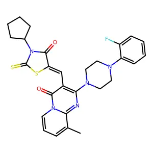 3-[(Z)-(3-cyclopentyl-4-oxo-2-thioxo-1,3-thiazolidin-5-ylidene)methyl]-2-[4-(2-fluorophenyl)piperazin-1-yl]-9-methyl-4H-pyrido[1,2-a]pyrimidin-4-one structure