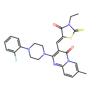 3-[(Z)-(3-ethyl-4-oxo-2-thioxo-1,3-thiazolidin-5-ylidene)methyl]-2-[4-(2-fluorophenyl)piperazin-1-yl]-7-methyl-4H-pyrido[1,2-a]pyrimidin-4-one structure