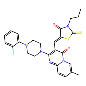 2-[4-(2-fluorophenyl)piperazin-1-yl]-7-methyl-3-[(Z)-(4-oxo-3-propyl-2-thioxo-1,3-thiazolidin-5-ylidene)methyl]-4H-pyrido[1,2-a]pyrimidin-4-one structure