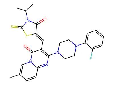 2-[4-(2-fluorophenyl)piperazin-1-yl]-7-methyl-3-{(Z)-[4-oxo-3-(propan-2-yl)-2-thioxo-1,3-thiazolidin-5-ylidene]methyl}-4H-pyrido[1,2-a]pyrimidin-4-one structure