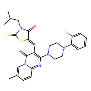 2-[4-(2-fluorophenyl)piperazin-1-yl]-7-methyl-3-{(Z)-[3-(2-methylpropyl)-4-oxo-2-thioxo-1,3-thiazolidin-5-ylidene]methyl}-4H-pyrido[1,2-a]pyrimidin-4-one structure