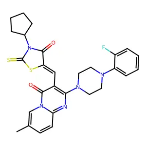 3-[(Z)-(3-cyclopentyl-4-oxo-2-thioxo-1,3-thiazolidin-5-ylidene)methyl]-2-[4-(2-fluorophenyl)piperazin-1-yl]-7-methyl-4H-pyrido[1,2-a]pyrimidin-4-one structure