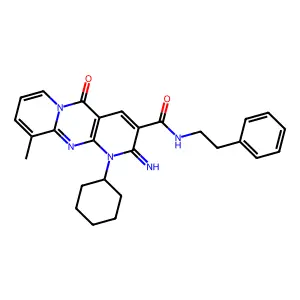 1-cyclohexyl-2-imino-10-methyl-5-oxo-N-phenethyl-2,5-dihydro-1H-dipyrido[1,2-a:2',3'-d]pyrimidine-3-carboxamide structure