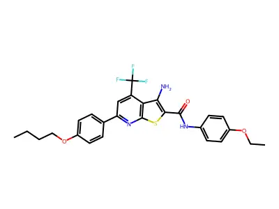 3-amino-6-(4-butoxyphenyl)-N-(4-ethoxyphenyl)-4-(trifluoromethyl)thieno[2,3-b]pyridine-2-carboxamide structure