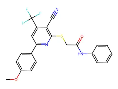 2-{[3-cyano-6-(4-methoxyphenyl)-4-(trifluoromethyl)pyridin-2-yl]sulfanyl}-N-phenylacetamide structure