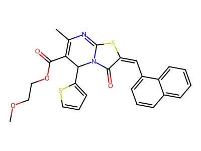 2-methoxyethyl (2E)-7-methyl-2-[(naphthalen-1-yl)methylidene]-3-oxo-5-(thiophen-2-yl)-2H,3H,5H-[1,3]thiazolo[3,2-a]pyrimidine-6-carboxylate structure
