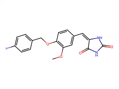 (5E)-5-[[4-[(4-iodophenyl)methoxy]-3-methoxyphenyl]methylidene]imidazolidine-2,4-dione structure