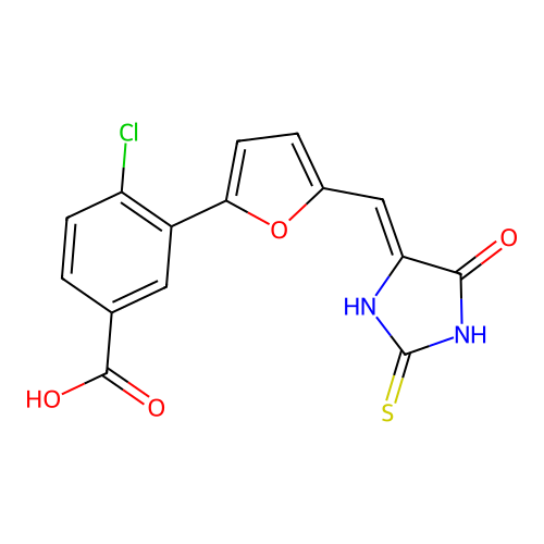 4-chloro-3-[5-[(5-oxo-2-sulfanylideneimidazolidin-4-ylidene)methyl]furan-2-yl]benzoic acid structure