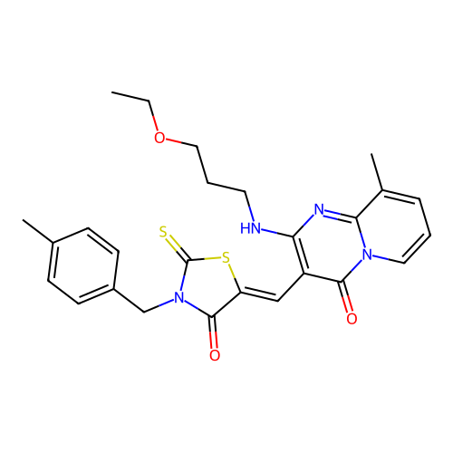 2-[(3-ethoxypropyl)amino]-9-methyl-3-{(Z)-[3-(4-methylbenzyl)-4-oxo-2-thioxo-1,3-thiazolidin-5-ylidene]methyl}-4H-pyrido[1,2-a]pyrimidin-4-one structure