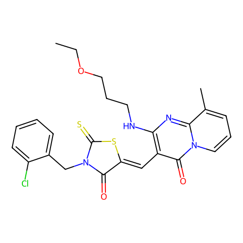 3-{(Z)-[3-(2-chlorobenzyl)-4-oxo-2-thioxo-1,3-thiazolidin-5-ylidene]methyl}-2-[(3-ethoxypropyl)amino]-9-methyl-4H-pyrido[1,2-a]pyrimidin-4-one structure