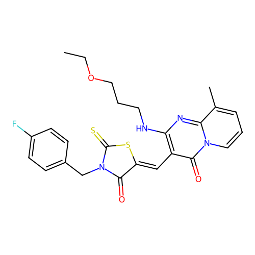2-[(3-ethoxypropyl)amino]-3-{(Z)-[3-(4-fluorobenzyl)-4-oxo-2-thioxo-1,3-thiazolidin-5-ylidene]methyl}-9-methyl-4H-pyrido[1,2-a]pyrimidin-4-one structure