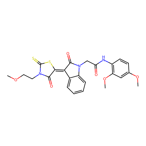 N-(2,4-dimethoxyphenyl)-2-{(3Z)-3-[3-(2-methoxyethyl)-4-oxo-2-thioxo-1,3-thiazolidin-5-ylidene]-2-oxo-2,3-dihydro-1H-indol-1-yl}acetamide structure