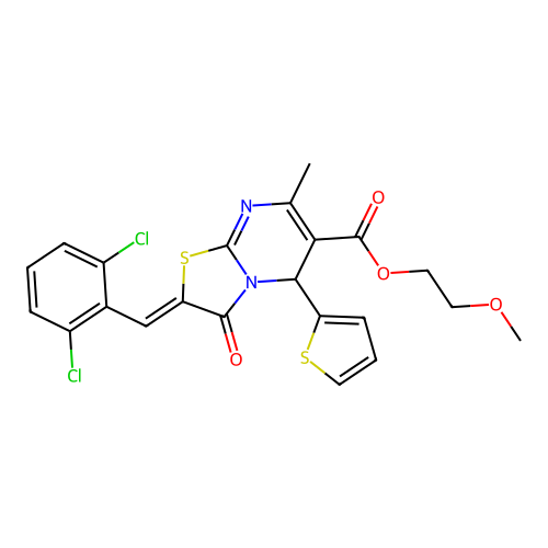 2-Methoxyethyl 2-(2,6-dichlorobenzylidene)-7-methyl-3-oxo-5-(thiophen-2-yl)-3,5-dihydro-2H-thiazolo[3,2-a]pyrimidine-6-carboxylate structure