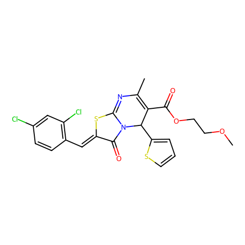 2-Methoxyethyl 2-(2,4-dichlorobenzylidene)-7-methyl-3-oxo-5-(thiophen-2-yl)-3,5-dihydro-2H-thiazolo[3,2-a]pyrimidine-6-carboxylate structure