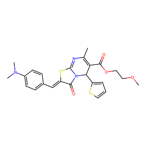 2-Methoxyethyl 2-(4-(dimethylamino)benzylidene)-7-methyl-3-oxo-5-(thiophen-2-yl)-3,5-dihydro-2H-thiazolo[3,2-a]pyrimidine-6-carboxylate structure