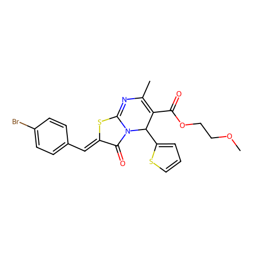 2-Methoxyethyl 2-(4-bromobenzylidene)-7-methyl-3-oxo-5-(thiophen-2-yl)-3,5-dihydro-2H-thiazolo[3,2-a]pyrimidine-6-carboxylate structure