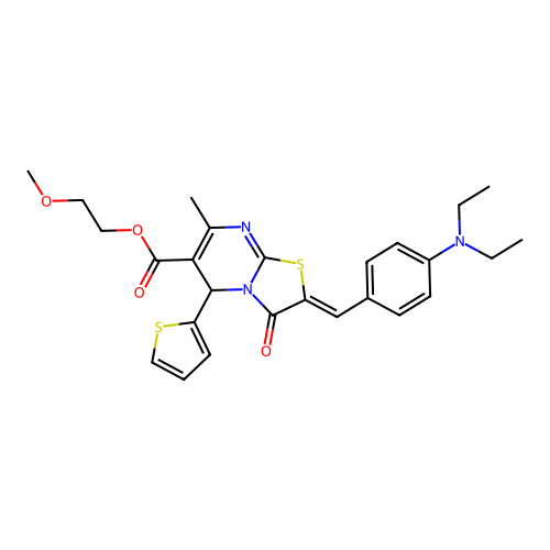 2-Methoxyethyl 2-(4-(diethylamino)benzylidene)-7-methyl-3-oxo-5-(thiophen-2-yl)-3,5-dihydro-2H-thiazolo[3,2-a]pyrimidine-6-carboxylate structure