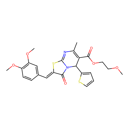 2-Methoxyethyl 2-(3,4-dimethoxybenzylidene)-7-methyl-3-oxo-5-(thiophen-2-yl)-3,5-dihydro-2H-thiazolo[3,2-a]pyrimidine-6-carboxylate structure