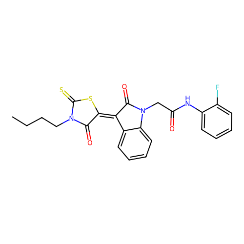 2-[(3Z)-3-(3-butyl-4-oxo-2-thioxo-1,3-thiazolidin-5-ylidene)-2-oxo-2,3-dihydro-1H-indol-1-yl]-N-(2-fluorophenyl)acetamide structure
