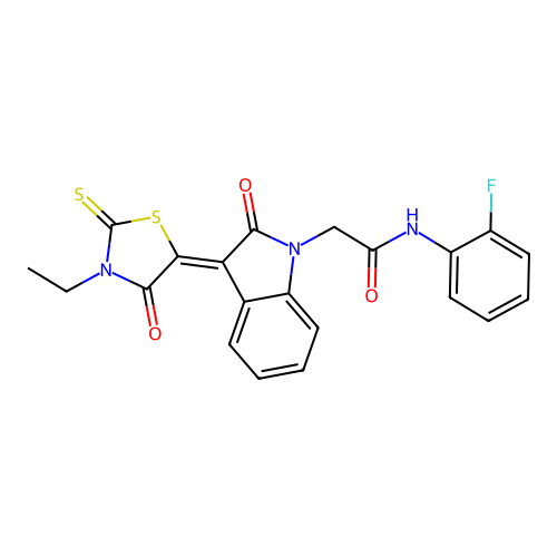 2-[(3Z)-3-(3-ethyl-4-oxo-2-thioxo-1,3-thiazolidin-5-ylidene)-2-oxo-2,3-dihydro-1H-indol-1-yl]-N-(2-fluorophenyl)acetamide structure