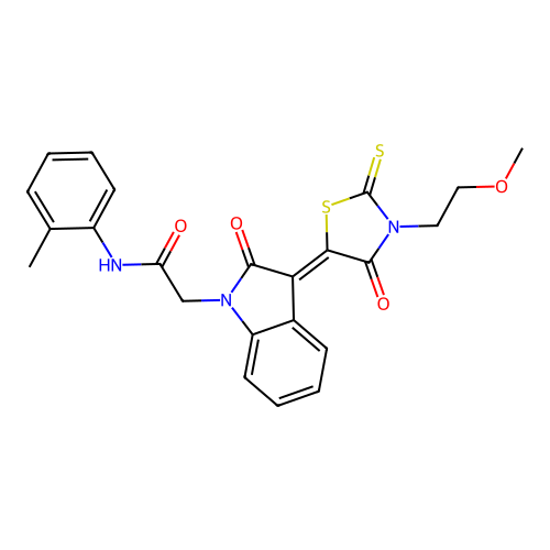 2-{(3Z)-3-[3-(2-methoxyethyl)-4-oxo-2-thioxo-1,3-thiazolidin-5-ylidene]-2-oxo-2,3-dihydro-1H-indol-1-yl}-N-(2-methylphenyl)acetamide structure
