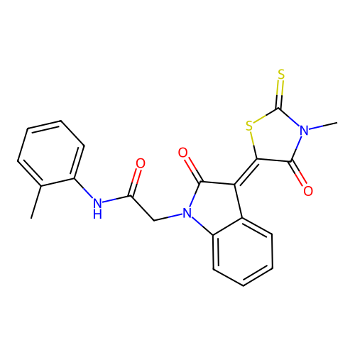 2-[(3Z)-3-(3-methyl-4-oxo-2-thioxo-1,3-thiazolidin-5-ylidene)-2-oxo-2,3-dihydro-1H-indol-1-yl]-N-(2-methylphenyl)acetamide structure