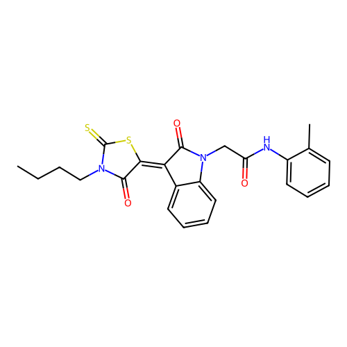 2-[(3Z)-3-(3-butyl-4-oxo-2-thioxo-1,3-thiazolidin-5-ylidene)-2-oxo-2,3-dihydro-1H-indol-1-yl]-N-(2-methylphenyl)acetamide structure