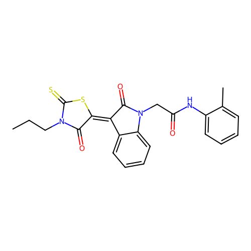 N-(2-methylphenyl)-2-[(3Z)-2-oxo-3-(4-oxo-3-propyl-2-thioxo-1,3-thiazolidin-5-ylidene)-2,3-dihydro-1H-indol-1-yl]acetamide structure