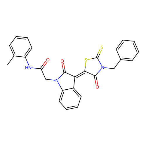 2-[(3Z)-3-(3-benzyl-4-oxo-2-thioxo-1,3-thiazolidin-5-ylidene)-2-oxo-2,3-dihydro-1H-indol-1-yl]-N-(2-methylphenyl)acetamide structure