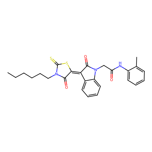 2-[(3Z)-3-(3-hexyl-4-oxo-2-thioxo-1,3-thiazolidin-5-ylidene)-2-oxo-2,3-dihydro-1H-indol-1-yl]-N-(2-methylphenyl)acetamide structure